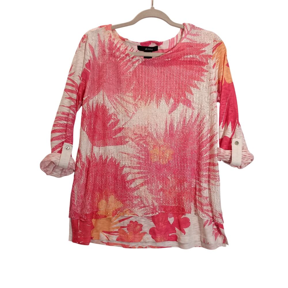 Ali Miles Womens Lightweight Pink, Orange Floral Layered 3/4 Sleeve Knit Top MED